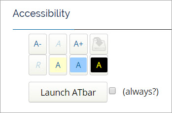 Image of the Accessibility Menu with buttons to expand or shrink the font, change the color contrast, and launch the ATBar.