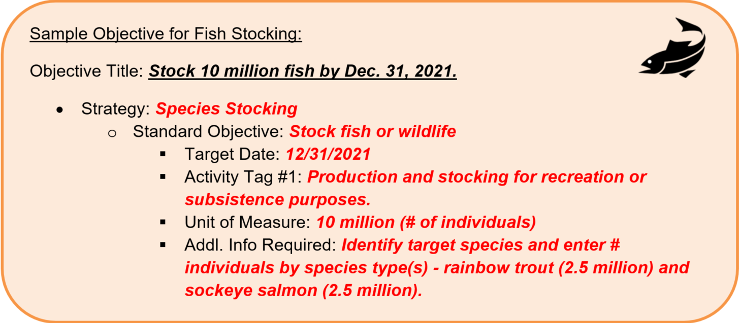 Sample Objective for Fish Stocking: Objective Title: Stock 10 million fish by Dec. 31, 2021. •	Strategy: Species Stocking o	Standard Objective: Stock fish or wildlife 	Target Date: 12/31/2021 	Activity Tag #1: Production and stocking for recreation or subsistence purposes. 	Unit of Measure: 10 million (# of individuals) 	Addl. Info Required: Identify target species and enter # individuals by species type(s) - rainbow trout (2.5 million) and sockeye salmon (2.5 million).