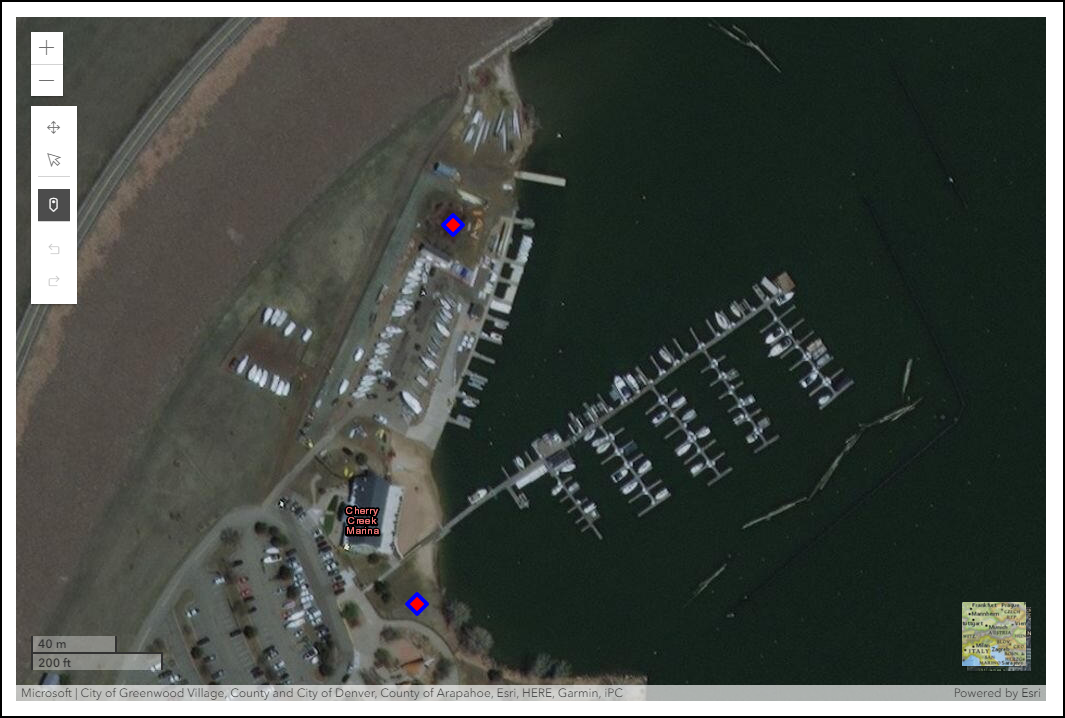 Screenshot of TRACS mapper displaying a lake with mapped points around the marina area. 